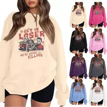 Женская толстовка спортивная Хэллоуин смешной ужас принт пуловер толстовка круглый вырез длинный рукав топ повседневная толстовка L фиолетовый