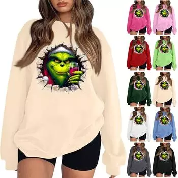 Женская толстовка, спортивная, рождественская, с забавным принтом, пуловер, толстовка с круглым вырезом и длинными рукавами, повседневная толстовка L бежевый