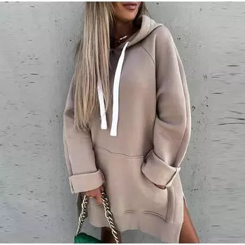 Женская толстовка средней длины с длинным рукавом и капюшоном, однотонная, с карманами, на осень-зиму S хаки