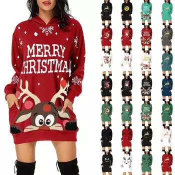Женская толстовка средней длины с карманом и капюшоном с рождественским принтом и длинными рукавами XXL