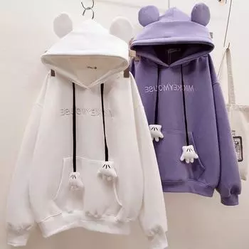 Женская толстовка Студенческая повседневная милая верхняя часть из флиса с капюшоном, модный свободный пуловер S белый