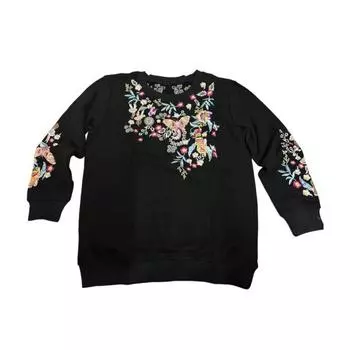 Женская толстовка в этническом стиле с цветочной вышивкой, круглым вырезом и длинными рукавами, контрастного цвета S чёрный