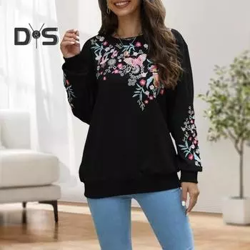 Женская толстовка в этническом стиле с цветочной вышивкой, круглым вырезом и длинными рукавами, контрастного цвета, весна-осень, с эластичными манжетами и подолом S чёрный