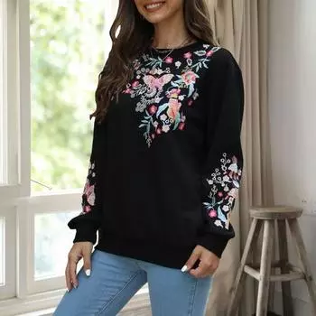 Женская толстовка в этническом стиле с цветочной вышивкой, круглым вырезом и длинными рукавами, контрастного цвета, весна-осень, с эластичными манжетами и подолом S чёрный