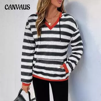 Женская толстовка в черно-белую полоску, новая осенняя повседневная толстовка с капюшоном S чёрный