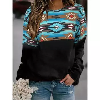 Женская толстовка в стиле бохо с принтом в виде цветных блоков, повседневная толстовка с длинным рукавом и круглым вырезом, женская одежда S