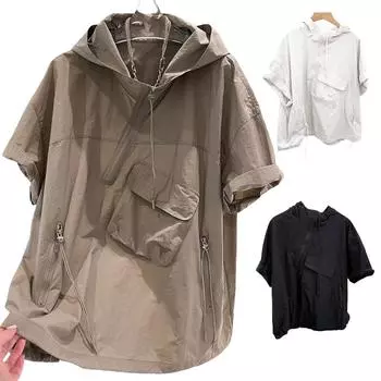 Женская толстовка в стиле хип-хоп с застежкой-молнией, декором в виде кармана с клапаном, свободным кроем, короткими рукавами, однотонная рубашка с защитой от солнца M хаки