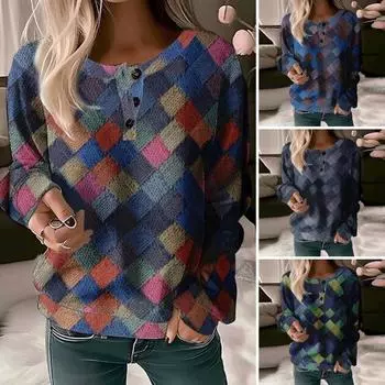Женская толстовка винтажная красочная клетчатая пуговица с декором и круглым вырезом 3 свободные мягкие теплые женские повседневные длинные толстовки большого размера 2XL разноцветный