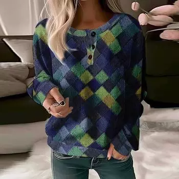 Женская толстовка винтажная красочная клетчатая пуговица с декором и круглым вырезом 3 свободные мягкие теплые женские повседневные длинные толстовки большого размера XXXL зелёный