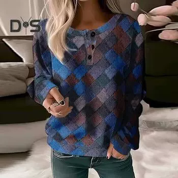 Женская толстовка винтажная красочная клетчатая весна-осень с круглым вырезом 3 пуговицы декор свободный негабаритный мягкий теплый женский женский повседневный топ с длинными рукавами 2XL светло-зеленый