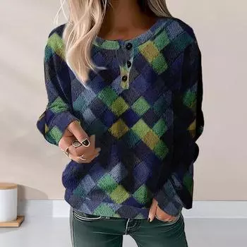 Женская толстовка винтажная красочная клетчатая весна-осень с круглым вырезом 3 пуговицы декор свободный негабаритный мягкий теплый женский женский повседневный топ с длинными рукавами XL разноцветный