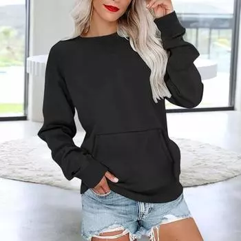 Женская толстовка Yousheng с большим передним карманом, длинными рукавами, круглым вырезом, свободная, однотонная, средней длины, эластичные манжеты, повседневный топ для поездок на работу S