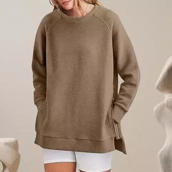 Женская толстовка Yousheng с застежкой-молнией, разрезом по низу, круглым вырезом, средней длины, свободный однотонный топ, эластичные манжеты и подол, спортивный свитер для походов и отдыха на природе XL армия зеленый