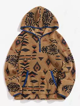 Женская толстовка ZAFUL с этническим геометрическим принтом, застежкой-молнией на четверть длины, контрастной отделкой, карманом-кенгуру, толстовка с капюшоном из искусственного меха S кофейный