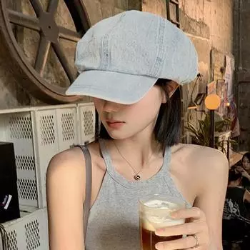 Женская тонкая большая окружность головы восьмиугольная шляпа показать лицо маленькая шляпа художника летняя синяя шляпа\t ретро ковбойский берет