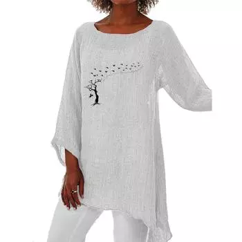 Женская тонкая длинная рубашка на весну и лето, женский повседневный топ с длинными рукавами 3/4, модный принт, свободная рубашка больших размеров с круглым воротником S белый