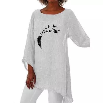 Женская тонкая длинная рубашка на весну и лето, женский повседневный топ с длинными рукавами 3/4, модный принт, свободная рубашка больших размеров с круглым воротником S белый