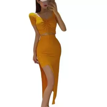 Женская тонкая футболка с v-образным вырезом в корейском стиле, сексуальная юбка с разрезом, комплект из 2 предметов, наряды L