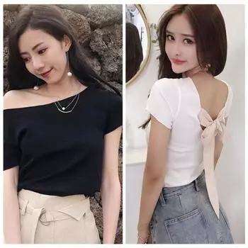 Женская тонкая футболка, сексуальная рубашка со шнуровкой на спине и бантом, футболка с коротким рукавом и вырезом на шее
