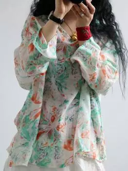 Женская тонкая льняная футболка с длинным рукавом и цветочным принтом, летние винтажные свободные повседневные футболки One Size серый