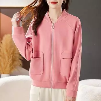 Женская тонкая однотонная толстовка-кардиган на молнии с карманом на весну и осень M розовый