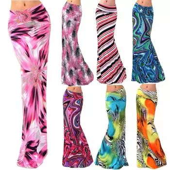 Женская тонкая полуюбка средней длины с высокой талией и эластичным запахом на бедрах и принтом L чёрный