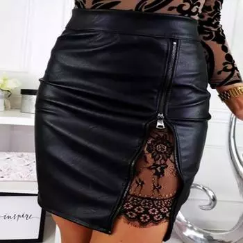 Женская тонкая сексуальная юбка из искусственной кожи с кружевной застежкой-молнией S чёрный