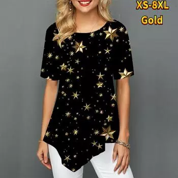 Женская тонкая заостренная юбка, женская футболка с короткими рукавами и фейерверком, с принтом звезд на шее, летняя удобная 3XL