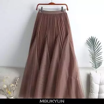 Женская трапециевидная юбка с высокой талией, весна-лето, элегантная кружевная юбка в корейском стиле, 3-слойная сетчатая тюлевая длинные плиссированные юбки One Size коричневый