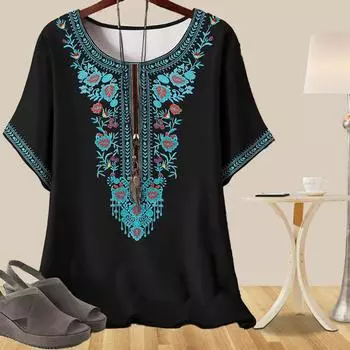 Женская трендовая повседневная свободная весенняя рубашка с коротким рукавом, изысканные ретро-узоры, напечатанные топы XS синий