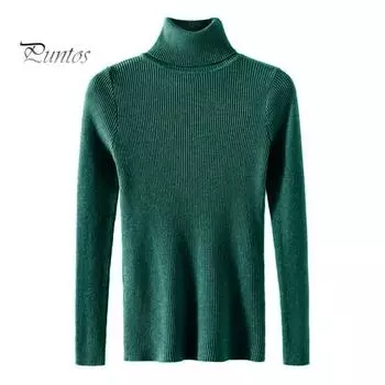 Женская трикотажная базовая рубашка с высоким воротом и длинным рукавом, однотонный тонкий свитер для весны и осени темно-зеленого