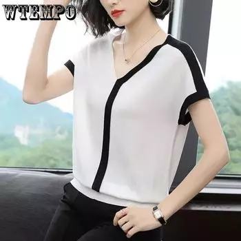 Женская трикотажная футболка Ice Silk с коротким рукавом, свободный трикотажный топ с V-образным вырезом и рукавом «летучая мышь» S