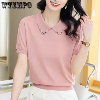Женская трикотажная футболка Ice Silk с воротником Mom s Summer Loose Polo Shirt Stylish Thin Top M