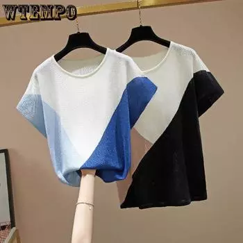 Женская трикотажная футболка Ice Silk, свободная корейская версия, топ больших размеров, модная трикотажная рубашка с круглым вырезом для похудения S чёрный