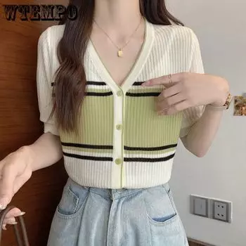 Женская трикотажная футболка, летний вязаный свитер Ice Silk, свободный корейский вариант, цветная футболка-кардиган с V-образным вырезом XL зелёный