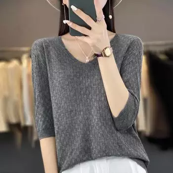 Женская трикотажная футболка, летняя трикотажная рубашка, футболки с коротким рукавом, пуловеры с V-образным вырезом, трикотажные топы, летние футболки для женщин M хаки