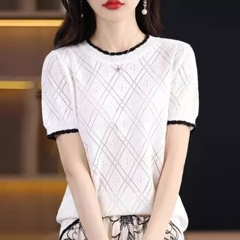Женская трикотажная футболка, летняя трикотажная рубашка, футболки с коротким рукавом, пуловеры с круглым вырезом, трикотажные топы, летние футболки для женщин S белый