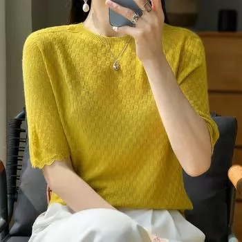 Женская трикотажная футболка, летняя трикотажная рубашка, футболки с коротким рукавом, пуловеры с круглым вырезом, трикотажные топы, летние футболки для женщин S розовый