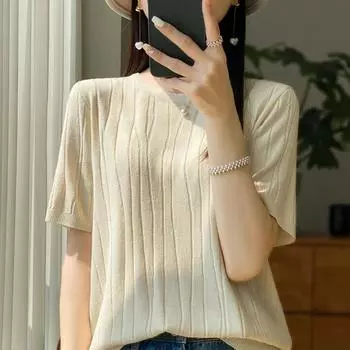 Женская трикотажная футболка MODERN NEW SAGA, летняя вязаная рубашка, футболки с короткими рукавами, вязаный пуловер с круглым вырезом, вязаные топы S чёрный