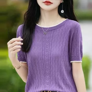 Женская трикотажная футболка MODERN NEW SAGA, летняя вязаная рубашка, футболки с короткими рукавами, вязаный пуловер с круглым вырезом, вязаные топы