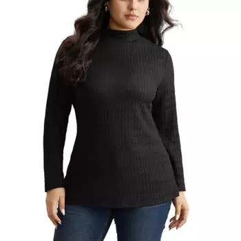 Женская трикотажная футболка с длинным рукавом больших размеров, удобный топ с высоким воротником, черный S