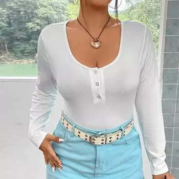 Женская трикотажная футболка с круглым вырезом. Тонкая футболка с длинным рукавом. Облегающий эластичный топ. Удобный и дышащий топ. Стильная повседневная белая базовая рубашка. XL белый
