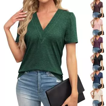 Женская трикотажная футболка с квадратным вырезом и круглым вырезом, модная повседневная футболка с коротким рукавом