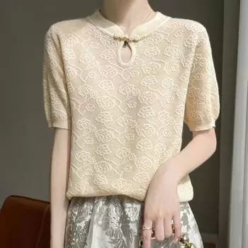 Женская трикотажная футболка СОВРЕМЕННАЯ НОВАЯ летняя трикотажная рубашка SAGA, футболки с короткими рукавами, пуловер с круглым вырезом, вязаные топы в китайском стиле M розовый