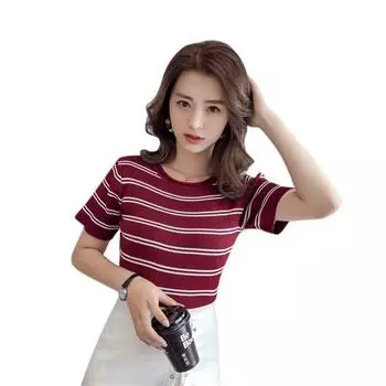 Женская трикотажная футболка, укороченный топ, женский топ в контрастную полоску, футболка с коротким рукавом и круглым вырезом
