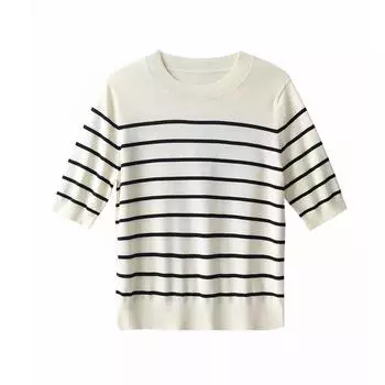 Женская трикотажная футболка в полоску из 100% хлопка, брендовая дизайнерская футболка в стиле ретро с коротким рукавом, шикарная универсальная свободная футболка с круглым вырезом C-087 S бежевый