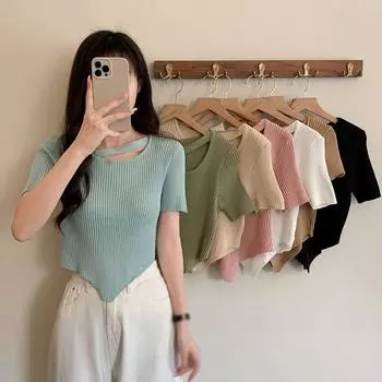 Женская трикотажная футболка в рубчик, туника, топы, летняя футболка для девочек с коротким рукавом One Size