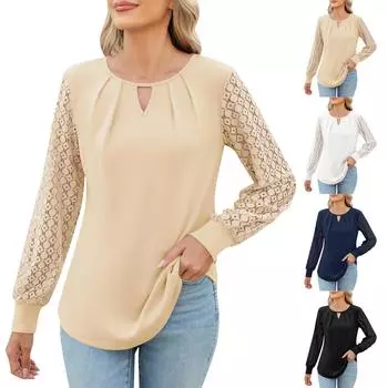 Женская трикотажная кружевная футболка с длинными рукавами и круглым вырезом в стиле ранней осени XL бежевый