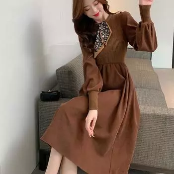 Женская трикотажная одежда, платье, модное осенне-зимнее платье с отложным воротником и принтом, свитер с бантом, женские платья до колена, Vestidos S чёрный