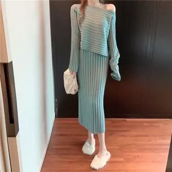 Женская трикотажная осенне-зимняя одежда нишевый темперамент свитер костюм женский нежный внутренний слой нижнее платье комплект из двух частей One Size зелёный